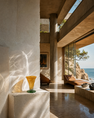 Glasvase Aprikot, große schlanke Trompetenform, auf einem Sideboard im hellen Wohnraum
