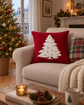 Kissen rot Weihnachtsbaum weiß auf einem Sofa neben einem kleinen Weihnachtsbaum