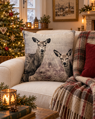 Kissen Samt Rehe grau auf einem cremefarbenen Sofa mit kleinem Weihnachtsbaum