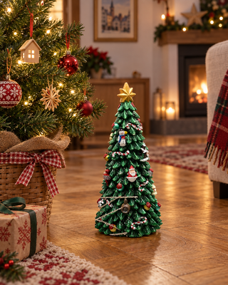 Spieluhr Weihnachtsbaum grün auf Eichenparkett neben einem kleinen Weihnachtsbaum