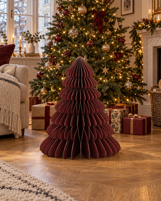 Papier Baum stehend bordeaux vor einem geschmückten Weihnachtsbaum