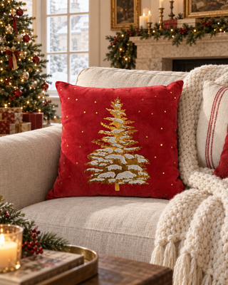 Kissen Samt rot Weihnachtsbaum gold auf einem Leinensofa
