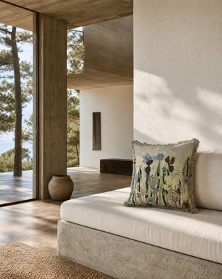 Dekokissen mit 3D-Stickerei, botanisches Blumenmotiv, auf einem hellen Sofa im Wohnzimmer mit Meerblick