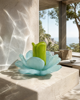 Kerzenhalter aus Glas in Blau, florale Form für Teelichter, auf einer Konsole im Sonnenlicht
