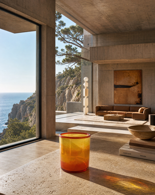 Glasvase mit Farbverlauf in Orange, auf dem Boden im hellen Wohnraum mit Meerblick