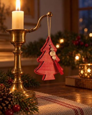 Papier Baum hängend rot an einem Messingkerzenständer
