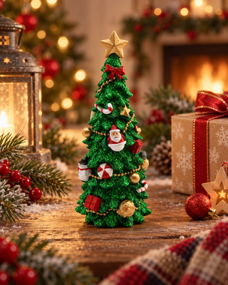 Deko-Weihnachtsbaum Grün neben Geschenken und Laterne