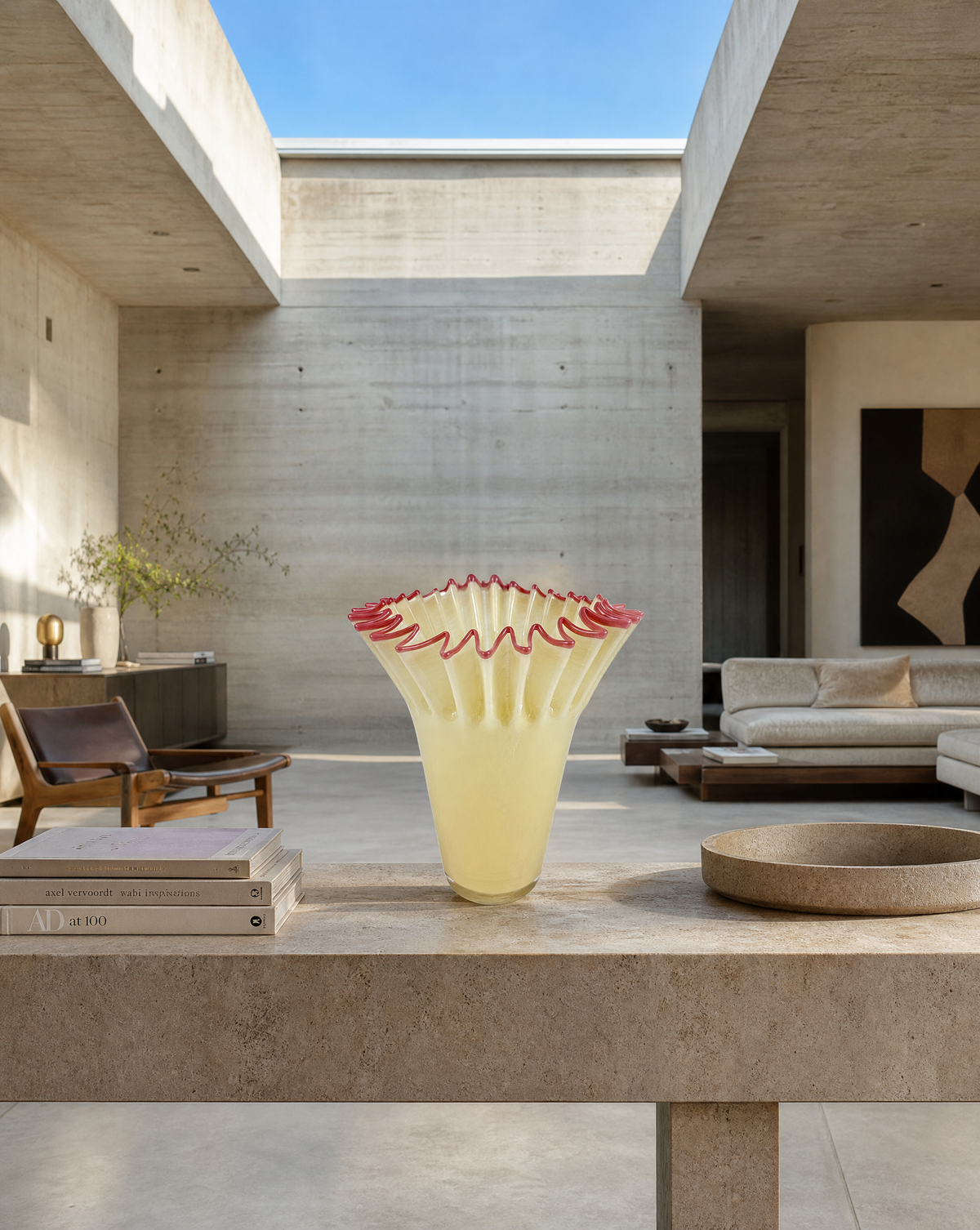 Glasvase Beige — große gerippte Form