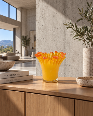 Glasvase Orange mit Rüschenrand auf einem Holz-Sideboard im hellen Wohnraum