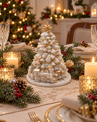 Spieluhr Weihnachtsbaum mit Zug weiß auf einem gedeckten Esstisch