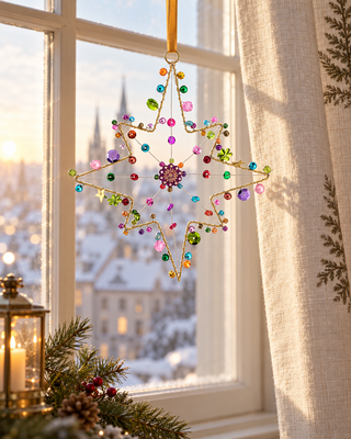 Perlen Stern orange bunt vor einem hohen Fenster