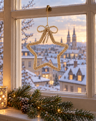 Perlen Stern gold am Fensterrahmen mit Tannenzweig