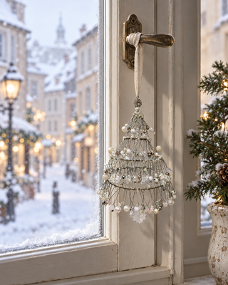 Perlen Baum hängend weiß am Fenstergriff mit Leinenband