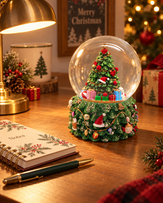 Schneekugel Baum mit Geschenken grün auf einem Schreibtisch im warmen Lampenlicht