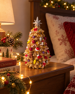 Spieluhr Weihnachtsbaum gold auf einem Nachttisch mit Lichterkette