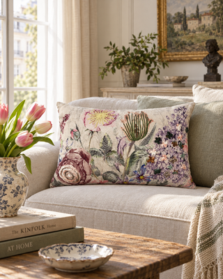 Kissen bestickt Blüten pastell auf einem Leinensofa mit Tulpen
