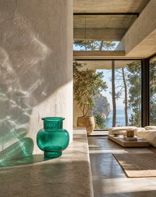 Glasvase Grün, klassische grüne Vase aus Glas, auf einem Sideboard im hellen Wohnraum