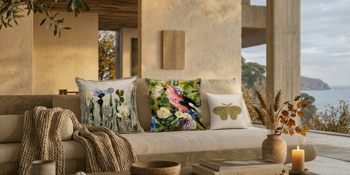 Dekokissen Schmetterling 3D Creme, Dekokissen Floral 3D bestickt und Dekokissen Vogel 3D bestickt zusammen in einem Zuhause, Herbststimmung