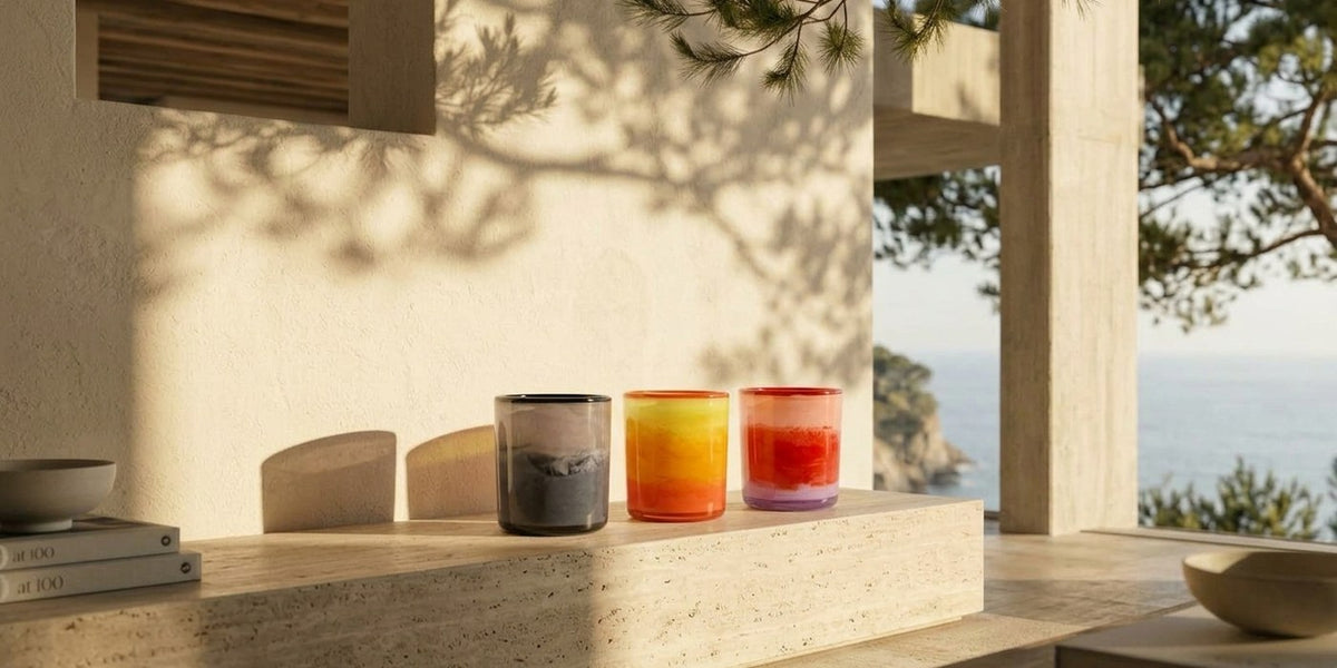 Glasvase Mehrfarbig Grau, Glasvase Mehrfarbig Orange und Glasvase Mehrfarbig Rot zusammen in einem Zuhause am Meer